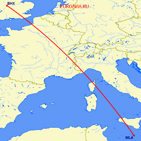 перелет Мальта — Бирмингем на карте