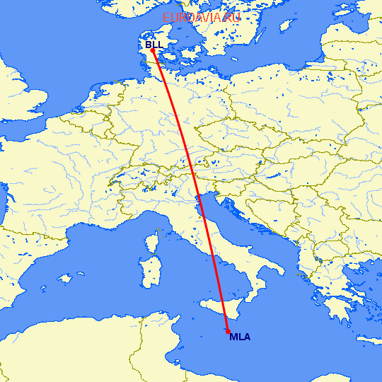 перелет Мальта — Биллунд на карте