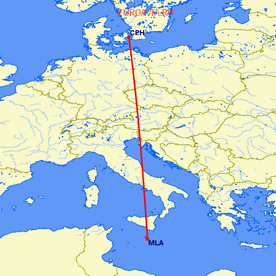 перелет Мальта — Копенгаген на карте