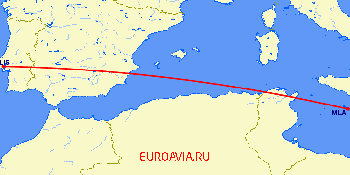 перелет Мальта — Лиссабон на карте