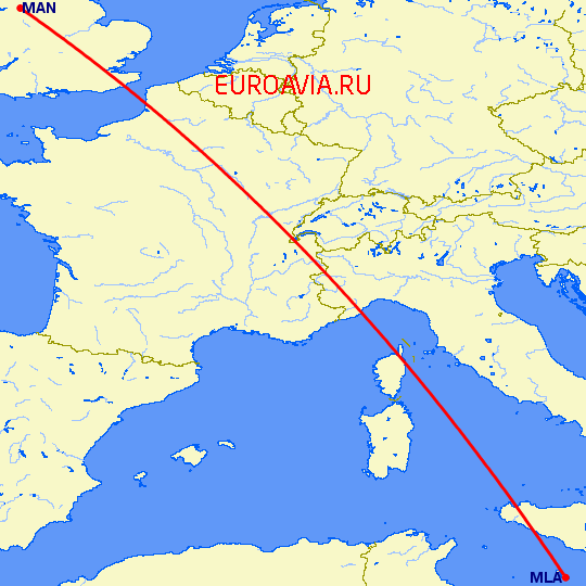перелет Мальта — Манчестер на карте