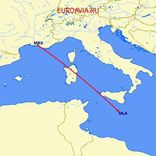 перелет Мальта — Марсель на карте