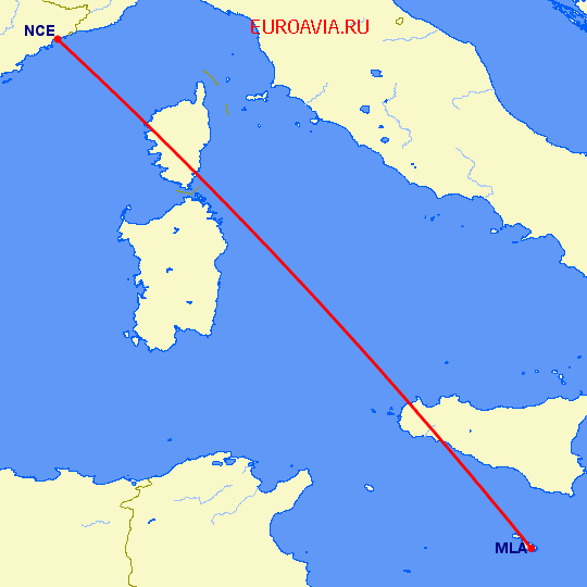 перелет Мальта — Ницца на карте