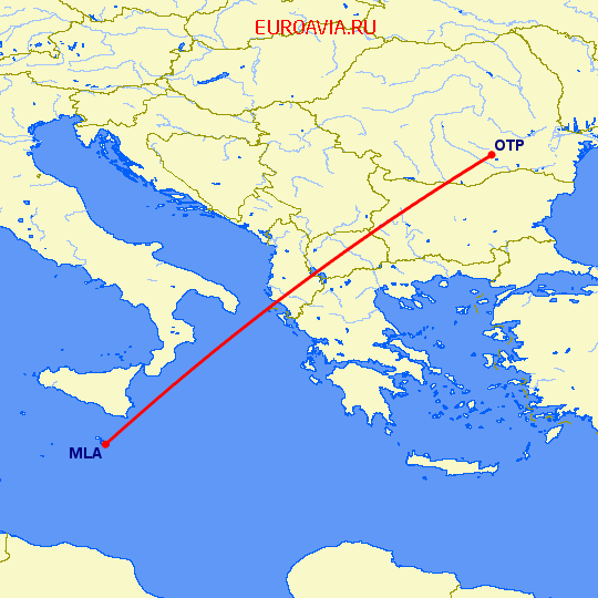 перелет Мальта — Бухарест на карте