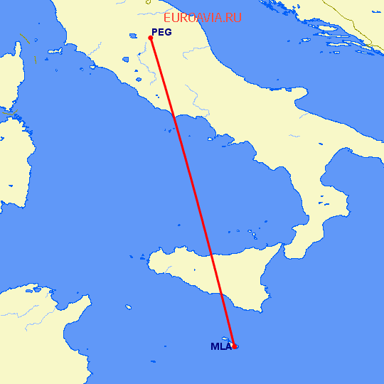перелет Мальта — Перужия на карте