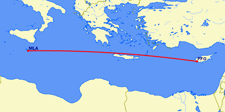 перелет Мальта — Пафос на карте