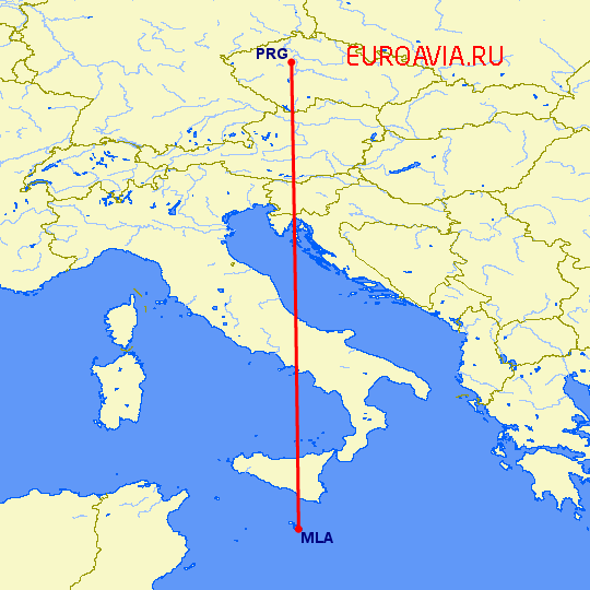 перелет Мальта — Прага на карте