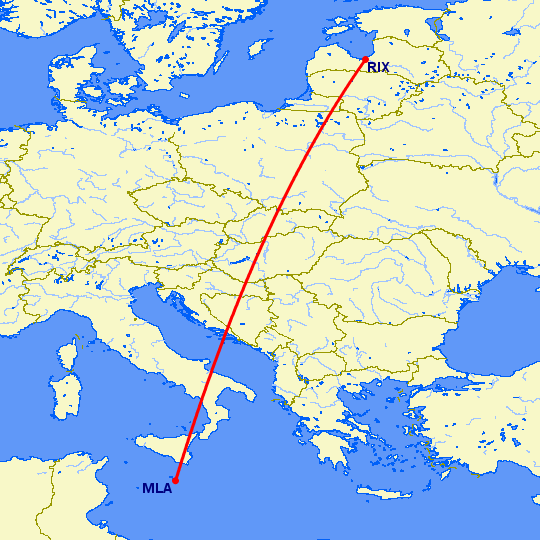 перелет Мальта — Рига на карте