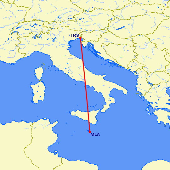 перелет Мальта — Триест на карте