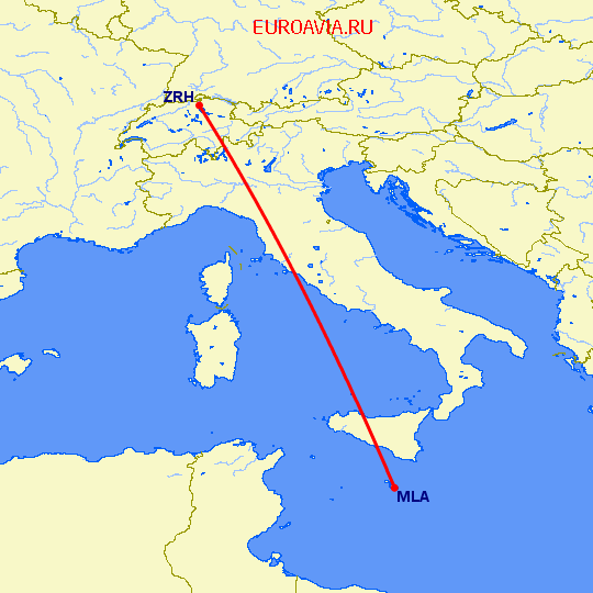 перелет Мальта — Цюрих на карте