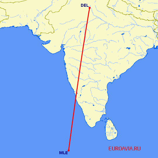 перелет Мале — Нью Дели на карте