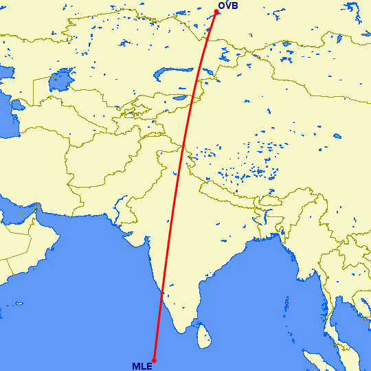перелет Мале — Новосибирск на карте
