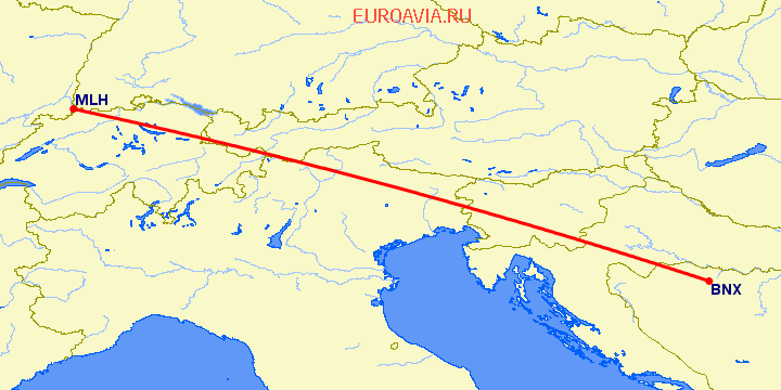 перелет Базель Мюлуз — Баня Лука на карте