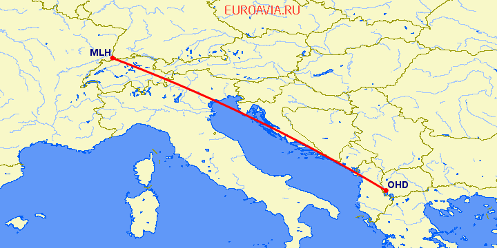 перелет Базель Мюлуз — Охрид на карте