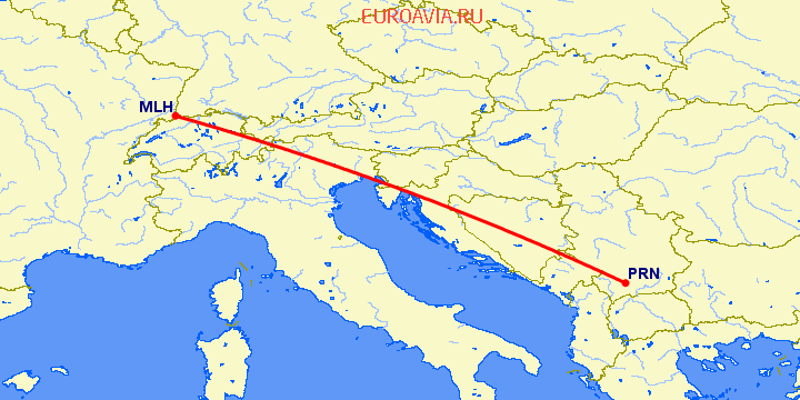 перелет Базель Мюлуз — Приштина на карте