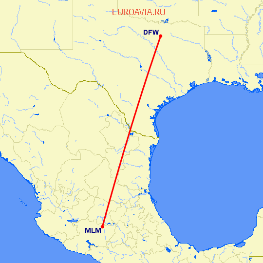 перелет Морелия — Даллас на карте