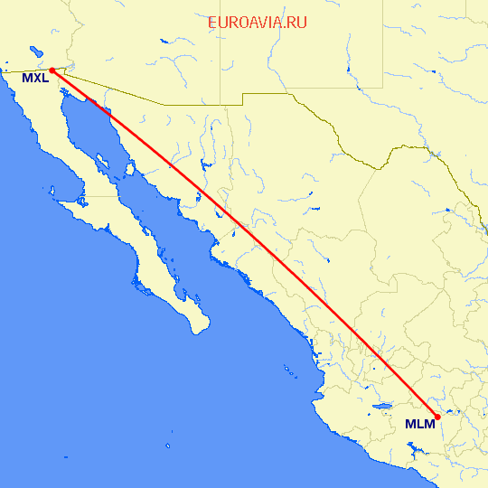 перелет Морелия — Mexicali на карте