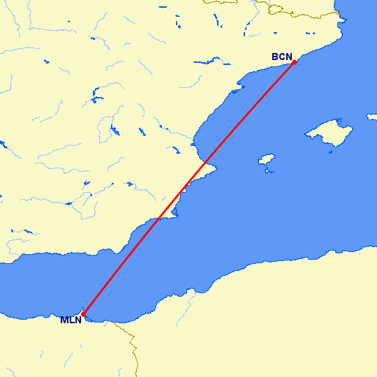 перелет Мелилья — Барселона на карте