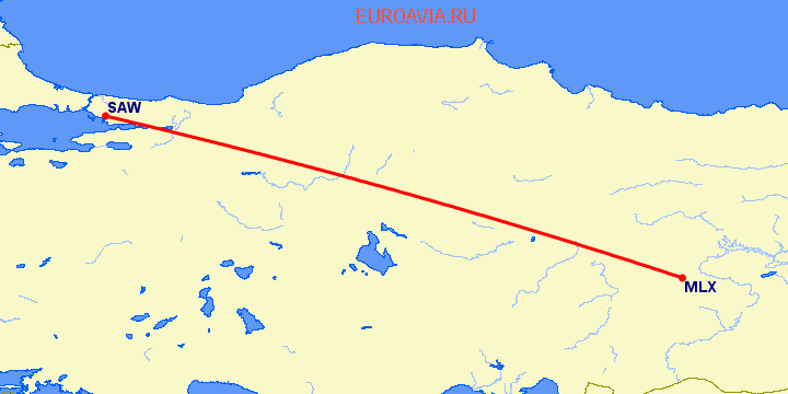 перелет Малатия — Стамбул на карте