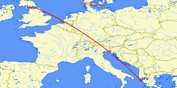 перелет Тиссайд — Керкира на карте
