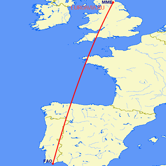 перелет Тиссайд — Фару на карте