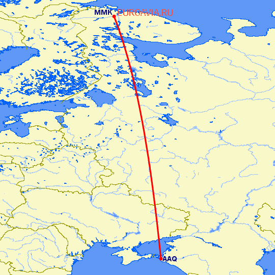 перелет Мурманск — Анапа на карте