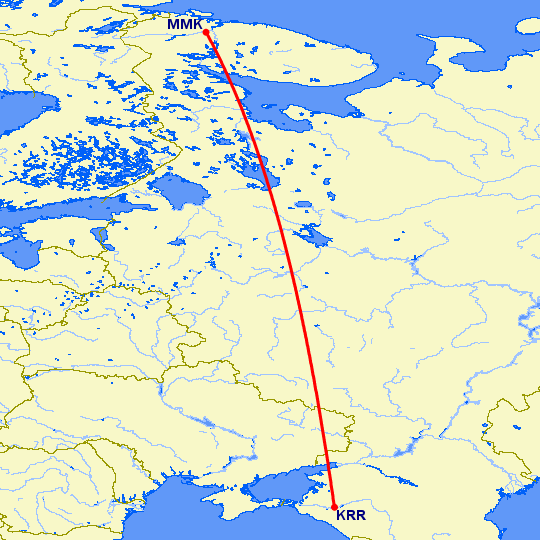 перелет Мурманск — Краснодар на карте