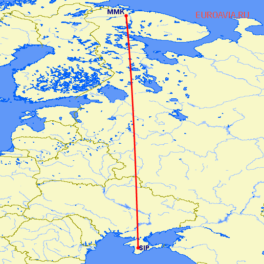 перелет Мурманск — Симферополь на карте