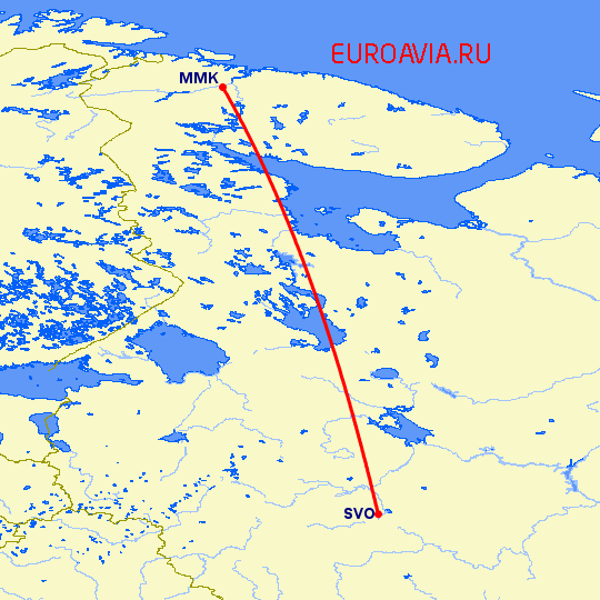 перелет Мурманск — Москва на карте