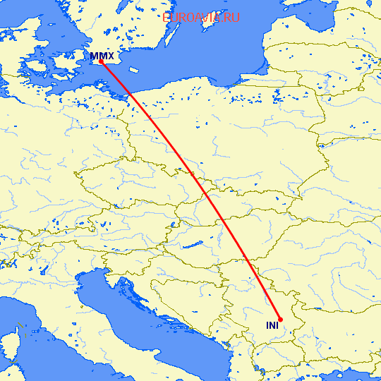 перелет Малмо — Ниш на карте