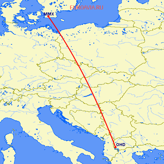 перелет Малмо — Охрид на карте