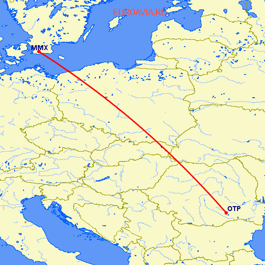перелет Малмо — Бухарест на карте