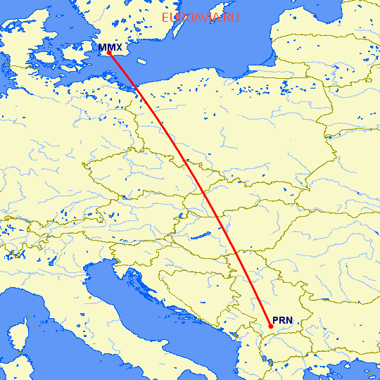 перелет Малмо — Приштина на карте