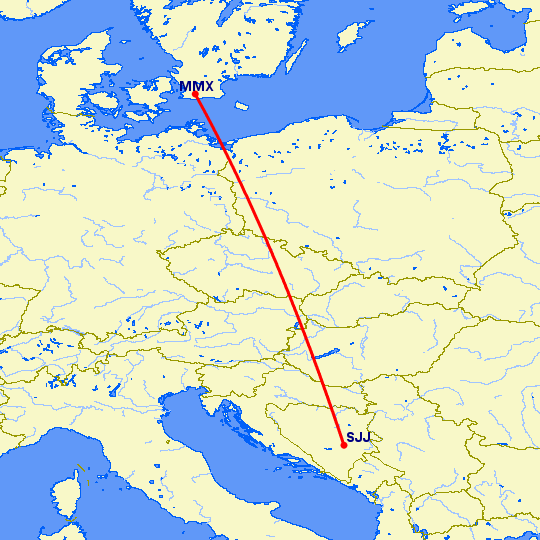 перелет Малмо — Сараево на карте