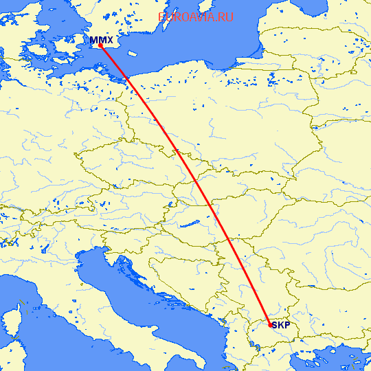 перелет Малмо — Скопье на карте