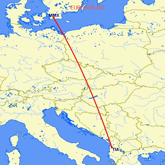 перелет Малмо — Тирана на карте