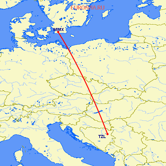 перелет Малмо — Тузла на карте
