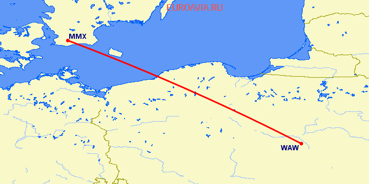 перелет Малмо — Варшава на карте