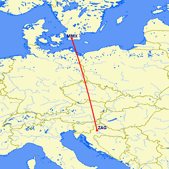 перелет Малмо — Загреб на карте