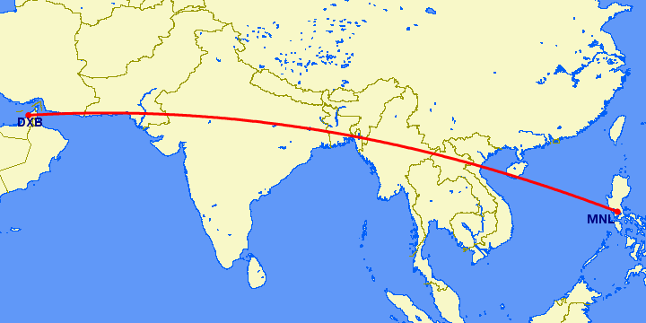 перелет Манила — Дубай на карте