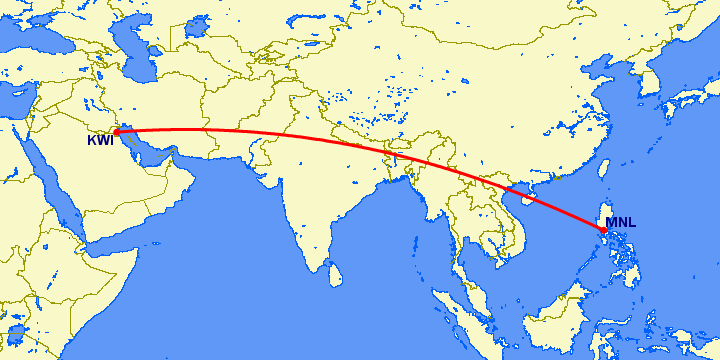перелет Манила — Кувейт на карте