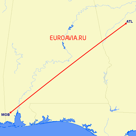 перелет Алабама — Атланта на карте