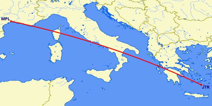 перелет Монпелье — Санторини на карте