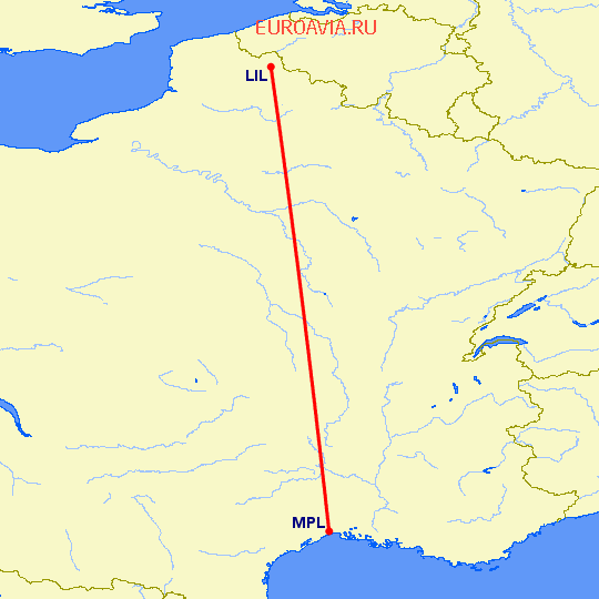 перелет Монпелье — Лилль на карте