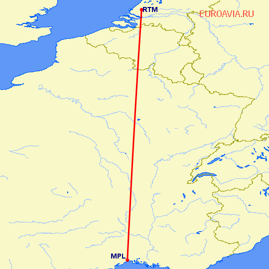 перелет Монпелье — Роттердам на карте