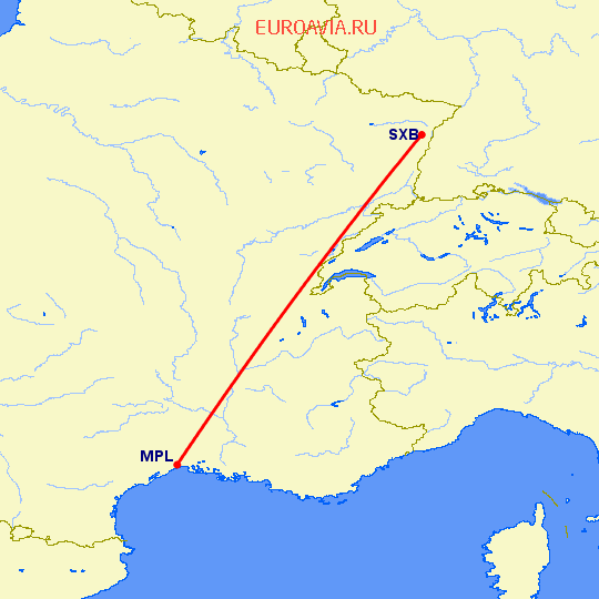 перелет Монпелье — Страсбург на карте