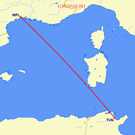 перелет Монпелье — Тунис на карте