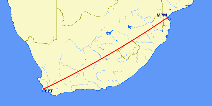 перелет Мапуту — Кейптаун на карте