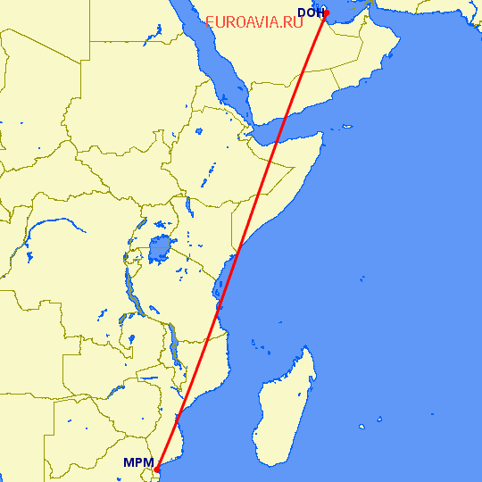 перелет Мапуту — Доха на карте