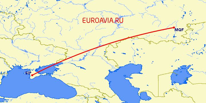 перелет Магнитогорск — Симферополь на карте